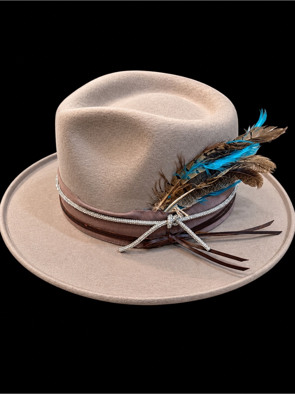 Taupe Felt Wide-Brim Hat with Feather Accent